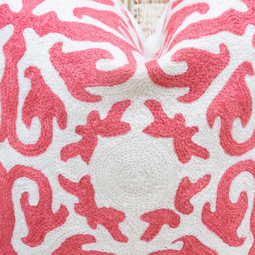 Pink & White Moroccan Wool Embroidered Throw Pillow Cover