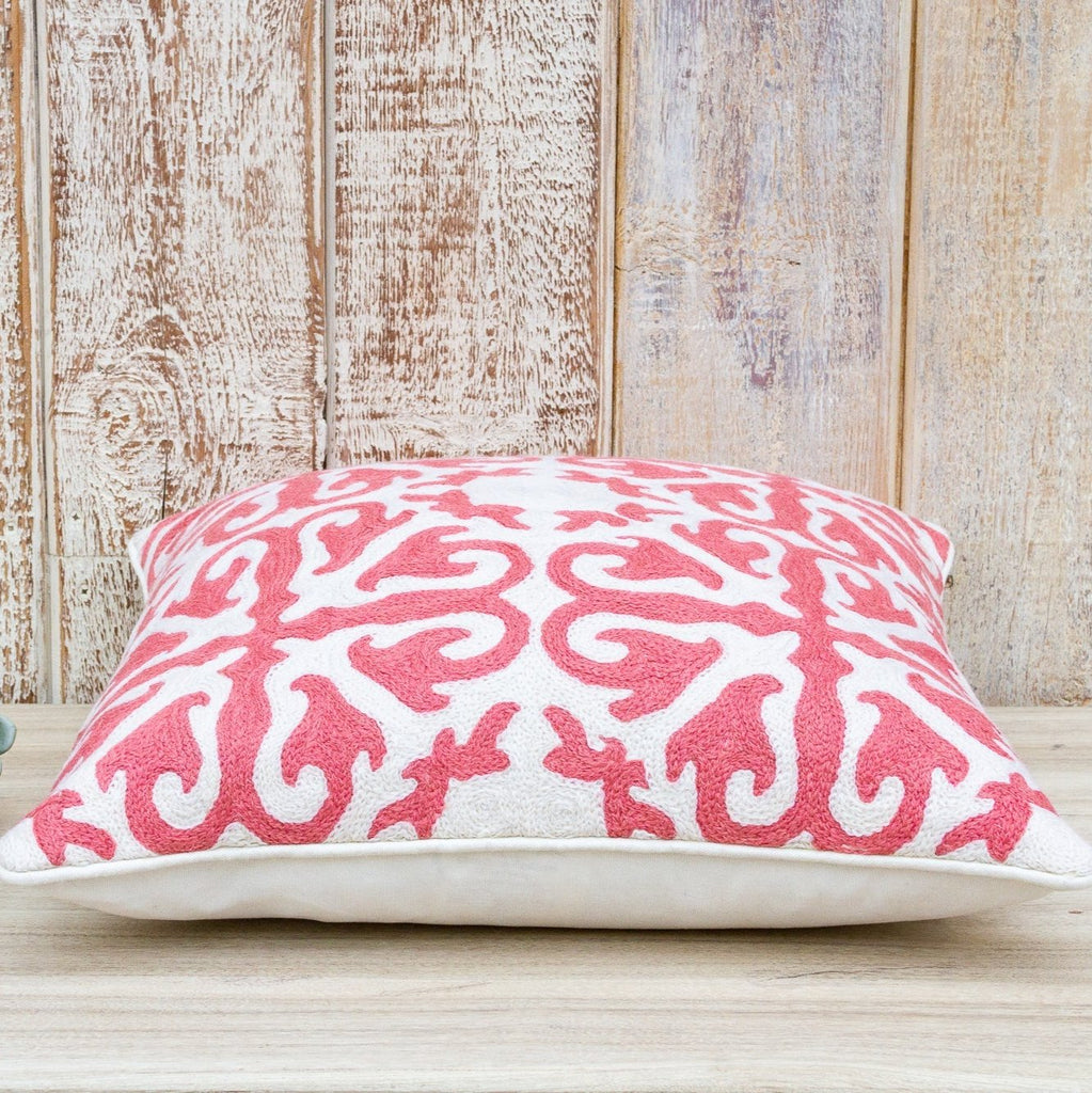 Pink & White Moroccan Wool Embroidered Throw Pillow Cover