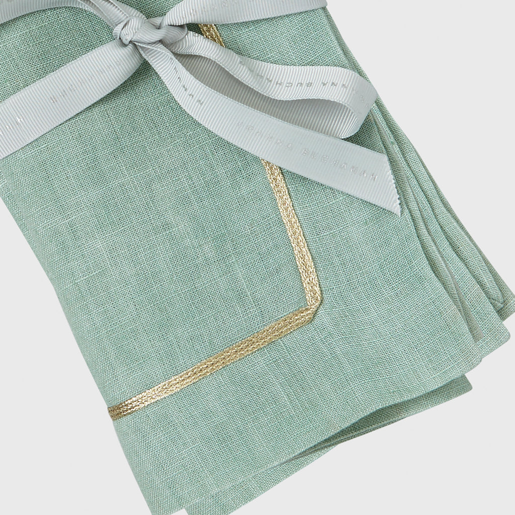 Gold trim dinner napkins, seafoam, set of two