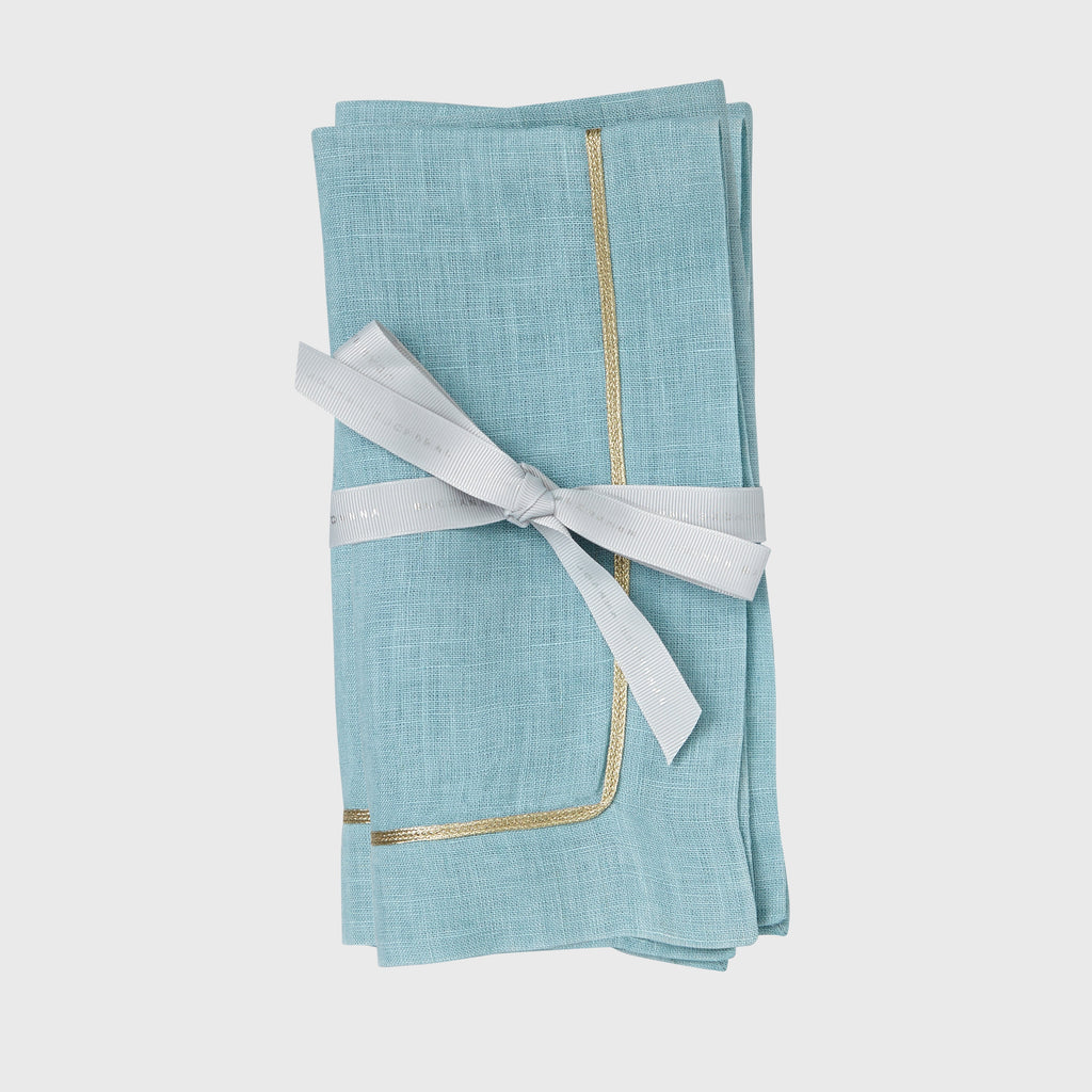 Gold trim dinner napkins, duck egg blue, set of two