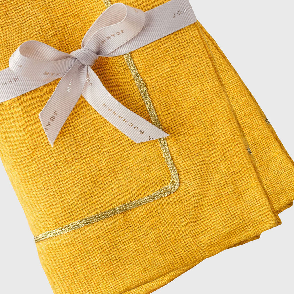 Gold trim dinner napkins, yellow, set of two