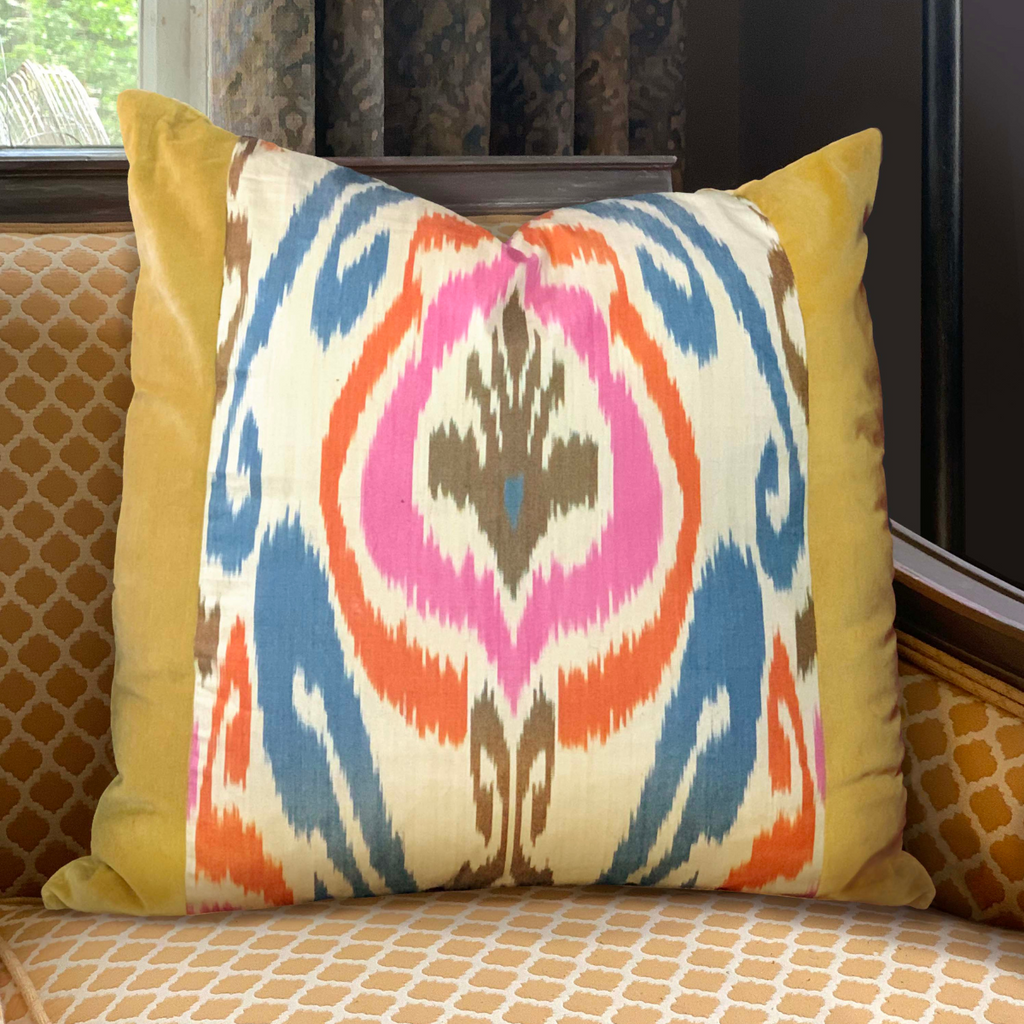 Handmade One-of-a-Kind Gold Velvet & Vintage Multicolored Woven Ikat Pillow