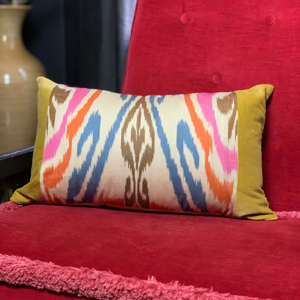 Handmade One-of-a-Kind Gold Velvet Lumbar Woven Ikat Pillow with Vintage Multicolored Ikat Fabric