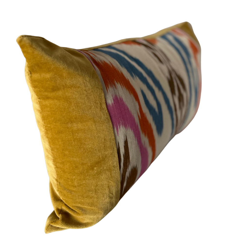 Handmade One-of-a-Kind Gold Velvet Lumbar Woven Ikat Pillow with Vintage Multicolored Ikat Fabric