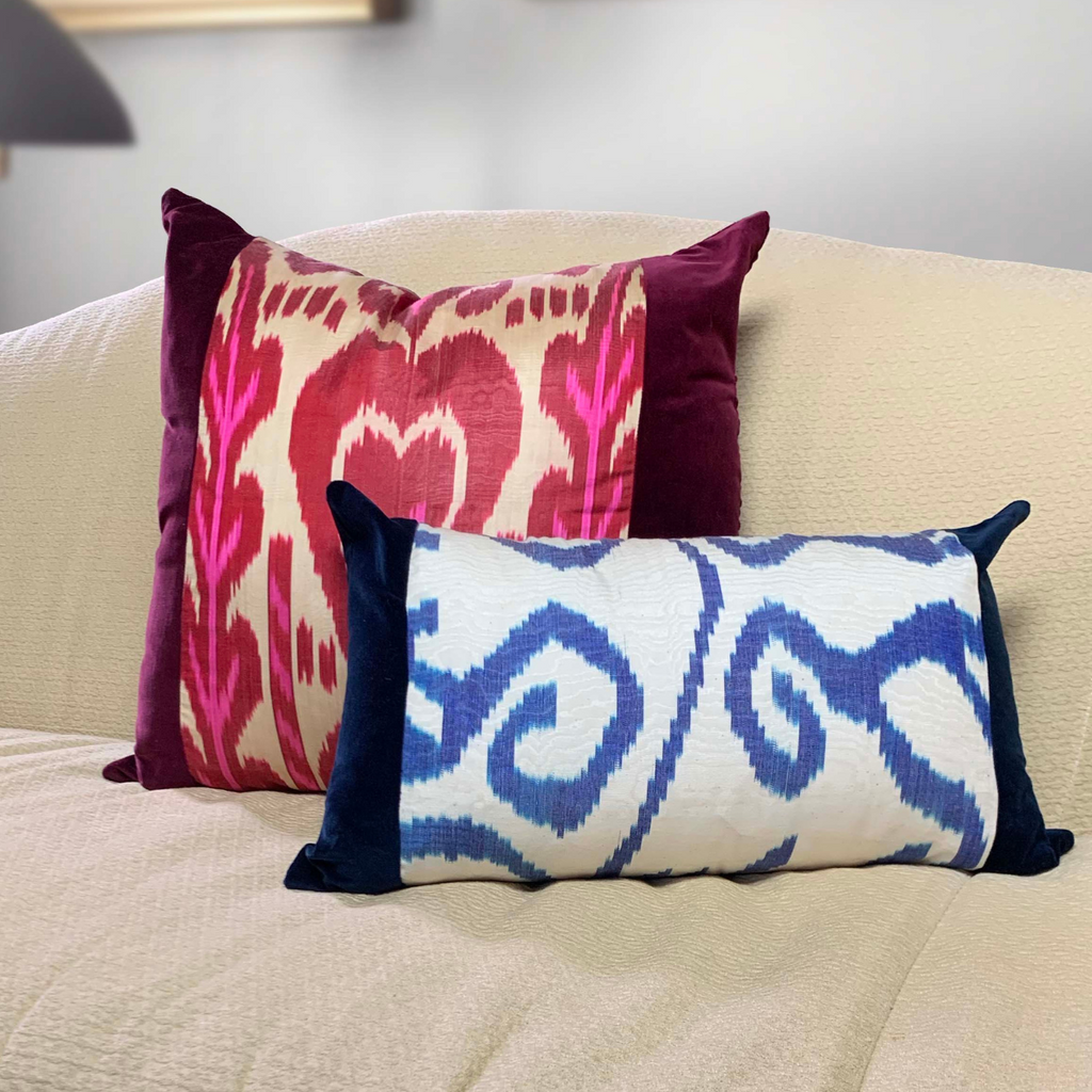 Handmade One-of-a-Kind Burgundy Velvet & Vintage Pink Woven Ikat Pillow