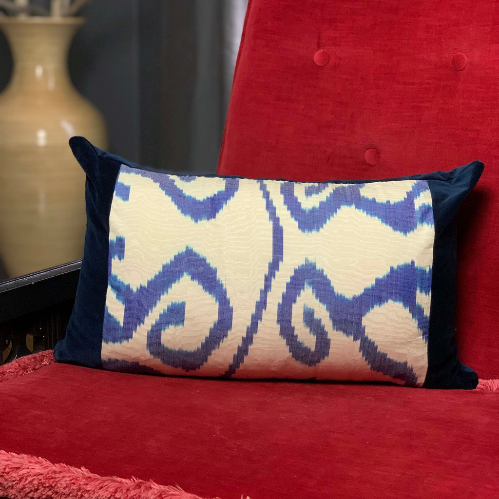 Handmade One-of-a-Kind Navy Velvet Lumbar Woven Ikat Pillow with Vintage Blue and White Ikat Fabric