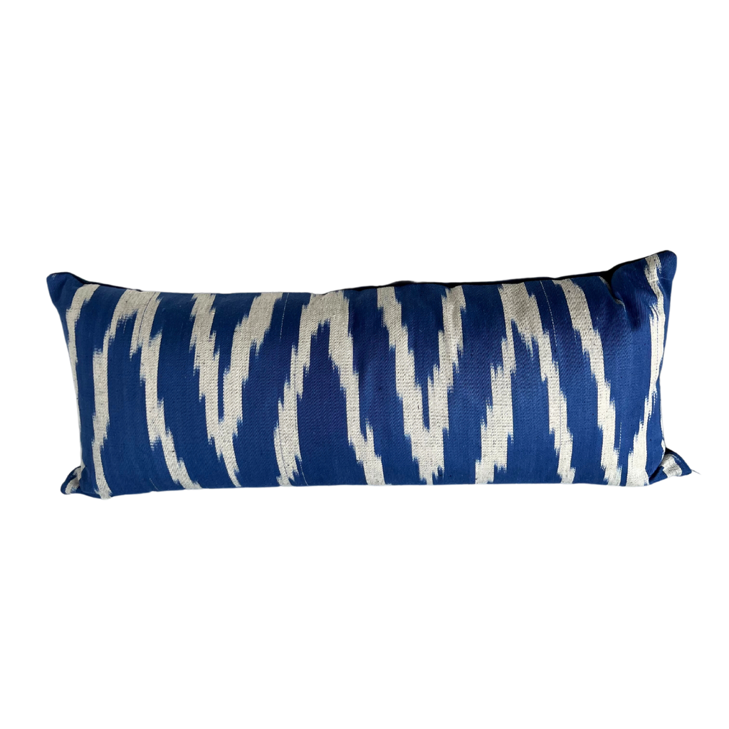 Handmade One-of-a-Kind Navy Velvet Long Lumbar Woven Ikat Pillow with Vintage Blue and White Ikat Center