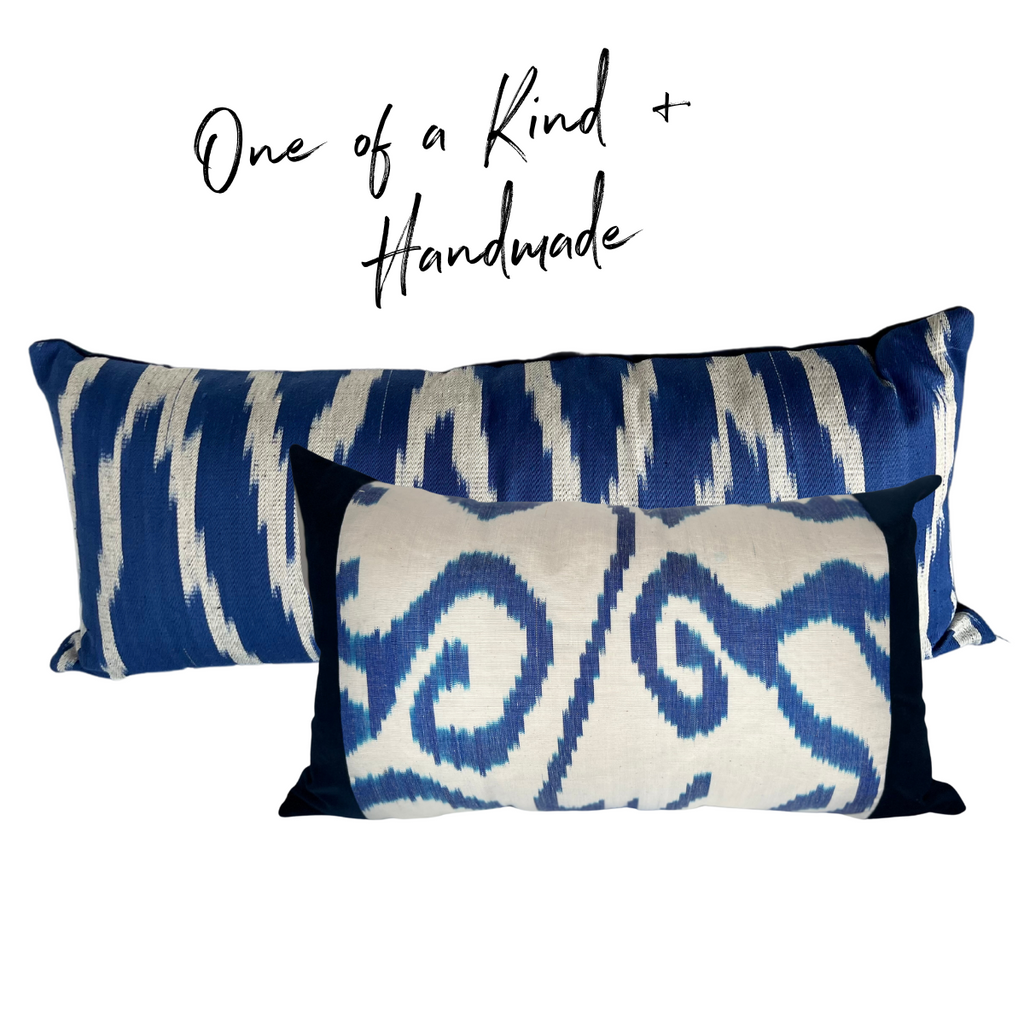 Handmade One-of-a-Kind Navy Velvet Long Lumbar Woven Ikat Pillow with Vintage Blue and White Ikat Center