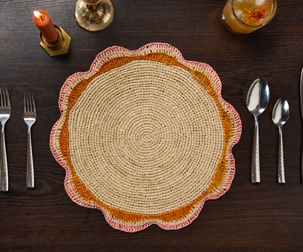 Round Pink Raffia Placemat – 14” Handwoven Crochet – Garden Party & Summer Table Decor
