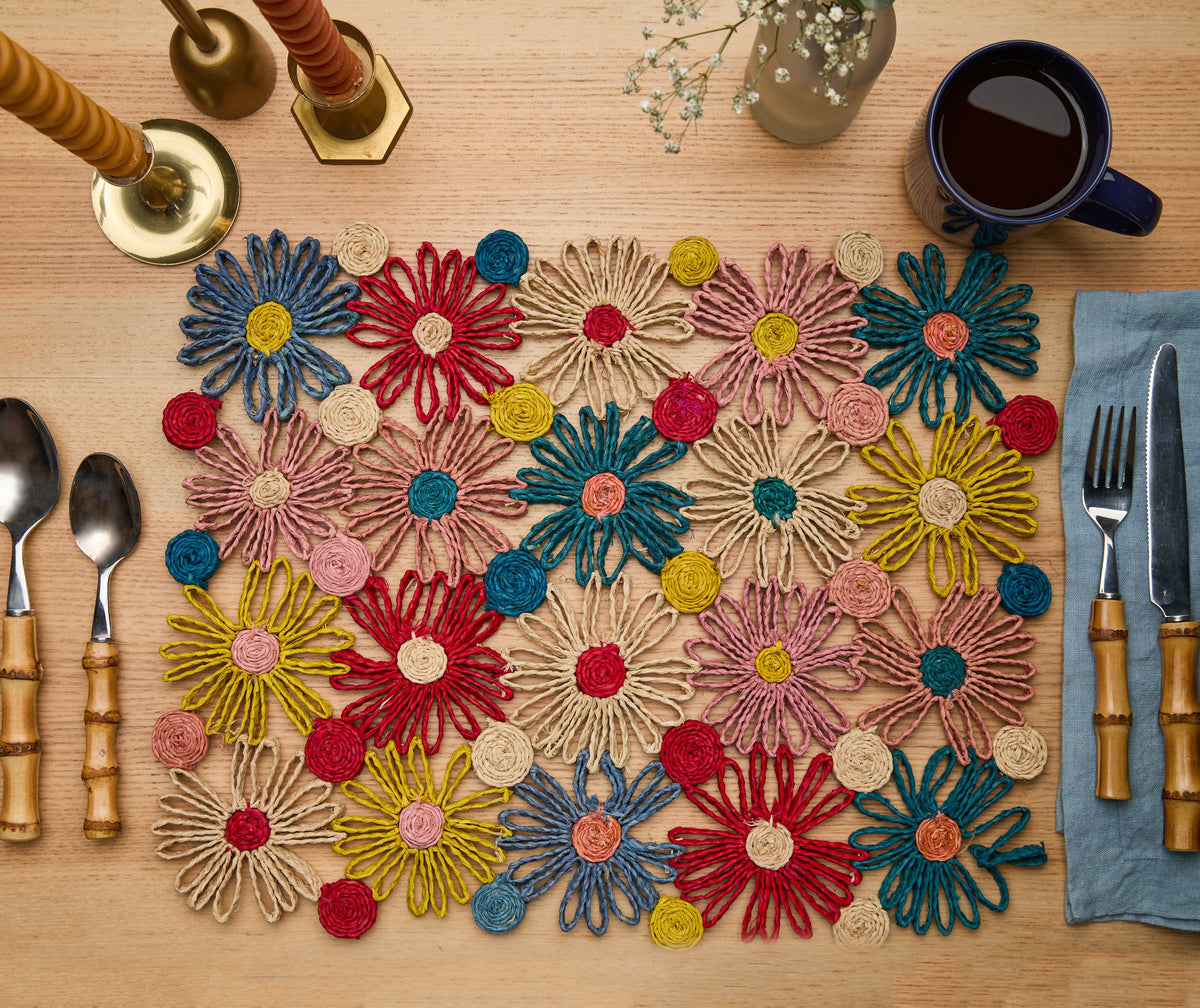 Fleur Raffia placemat, Multicolor Flowers woven tabletop | SmithHönig