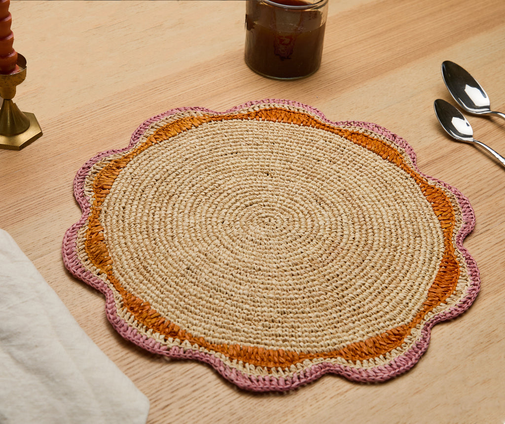 Round Pink Raffia Placemat – 14” Handwoven Crochet – Garden Party & Summer Table Decor