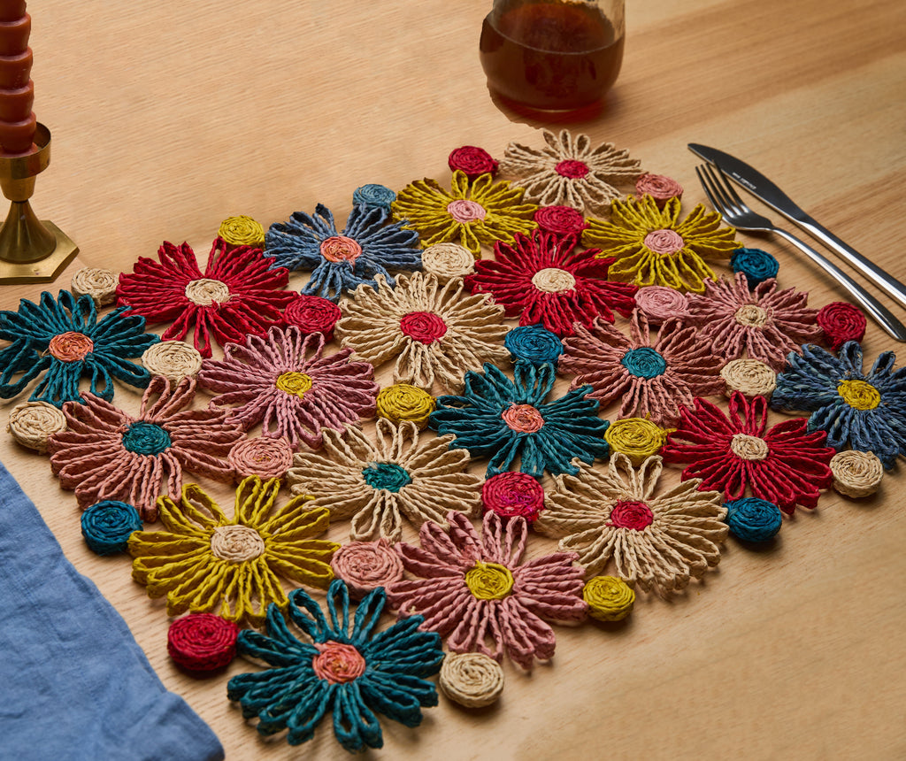 Fleur Raffia placemat, Multicolor Flowers woven tabletop