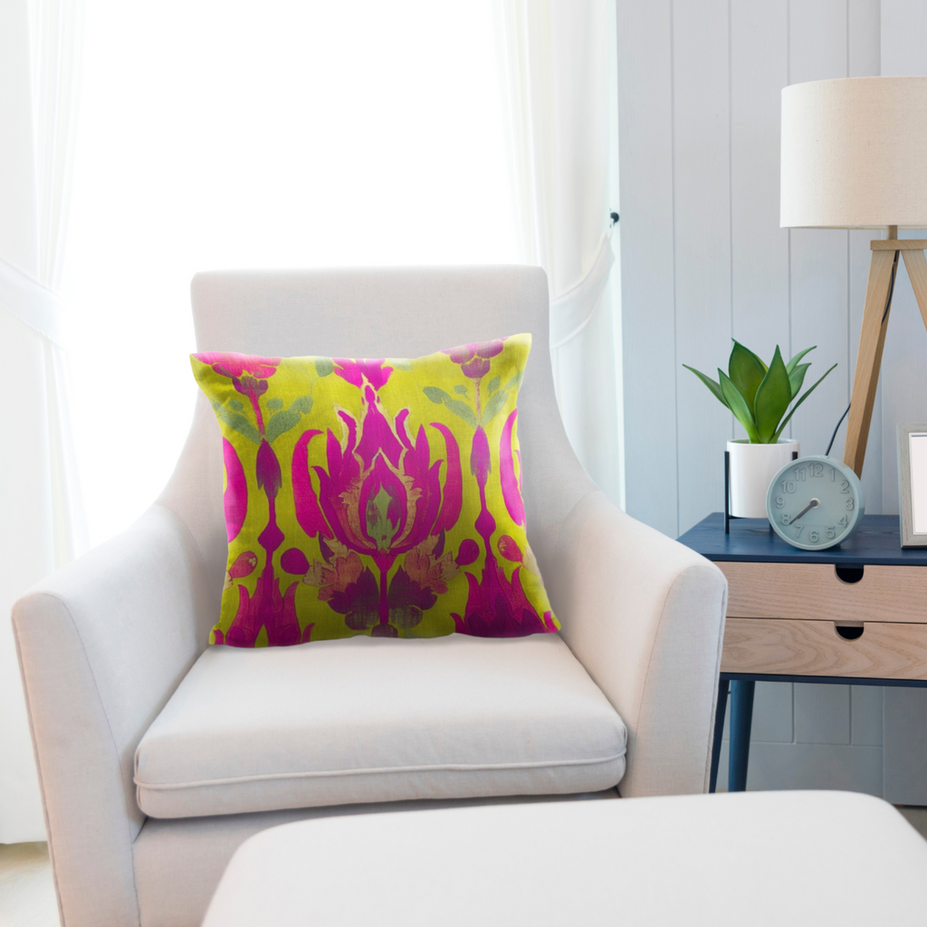 Magenta and Lime Green Floral Ikat Print Pillow