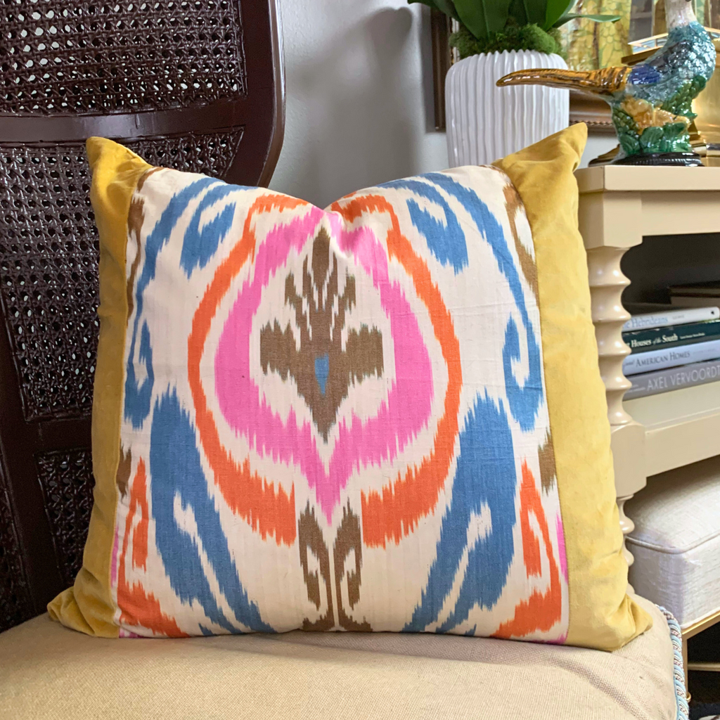 Handmade One-of-a-Kind Gold Velvet & Vintage Multicolored Woven Ikat Pillow