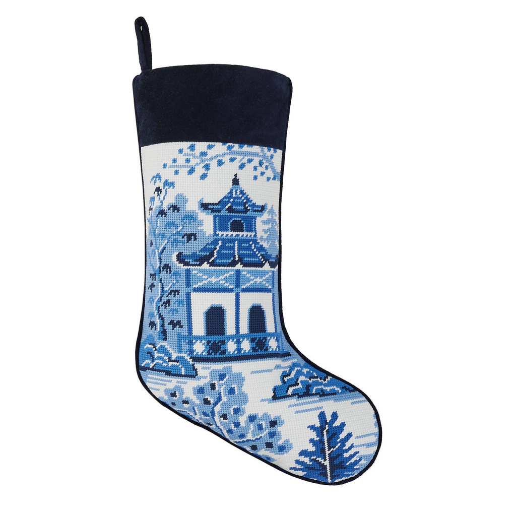 Chinoiserie Pagoda Embroidered Needlepoint Stocking