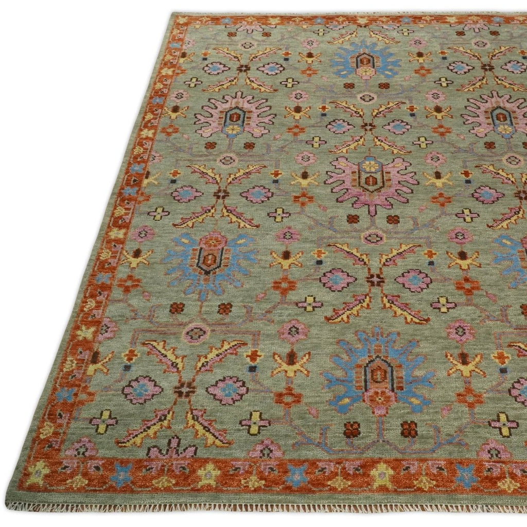 Vintage Style Beige, Rust, Pink and Blue Hand Knotted Traditional Oushak Multi Size wool Area Rug