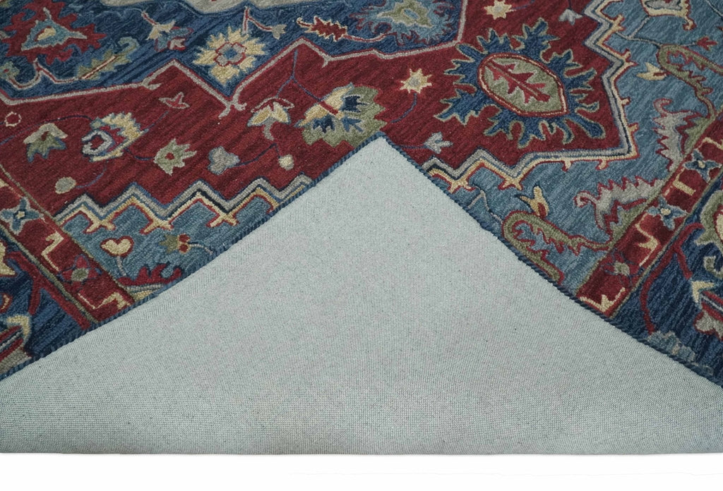 Antique look Maroon and Blue Hand Tufted Traditional Heriz Medallion ...
