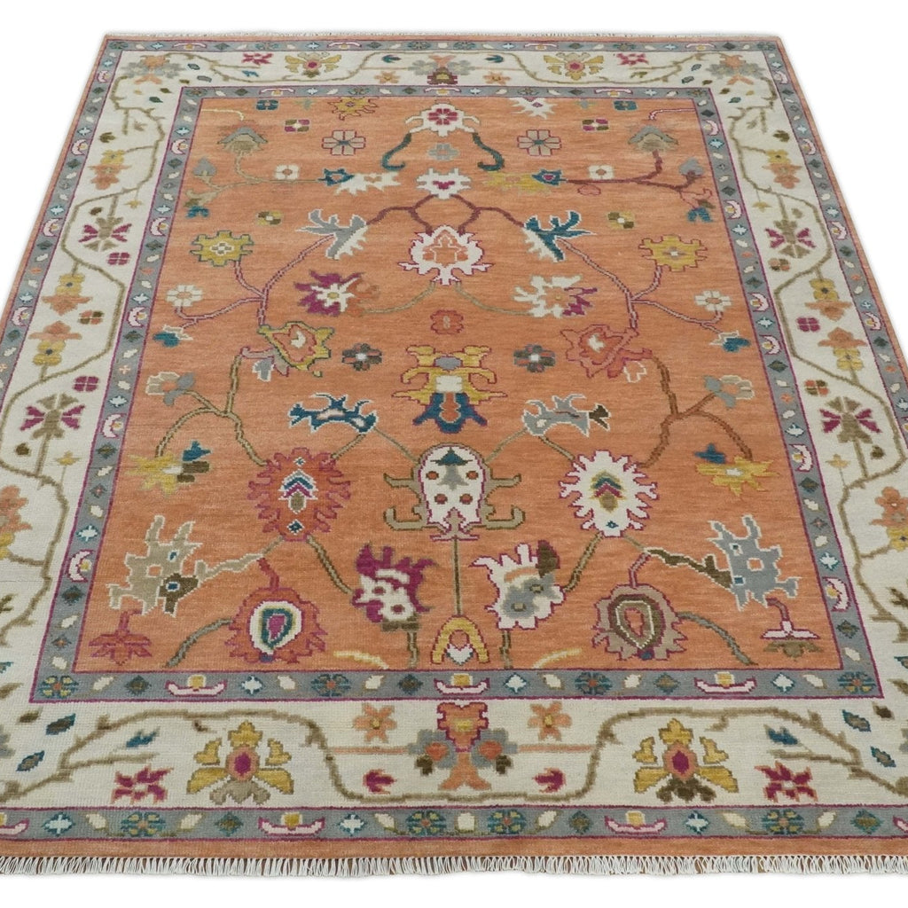 Antique Floral Peach and Ivory Hand knotted Traditional Oushak 8x10 wool Area Rug