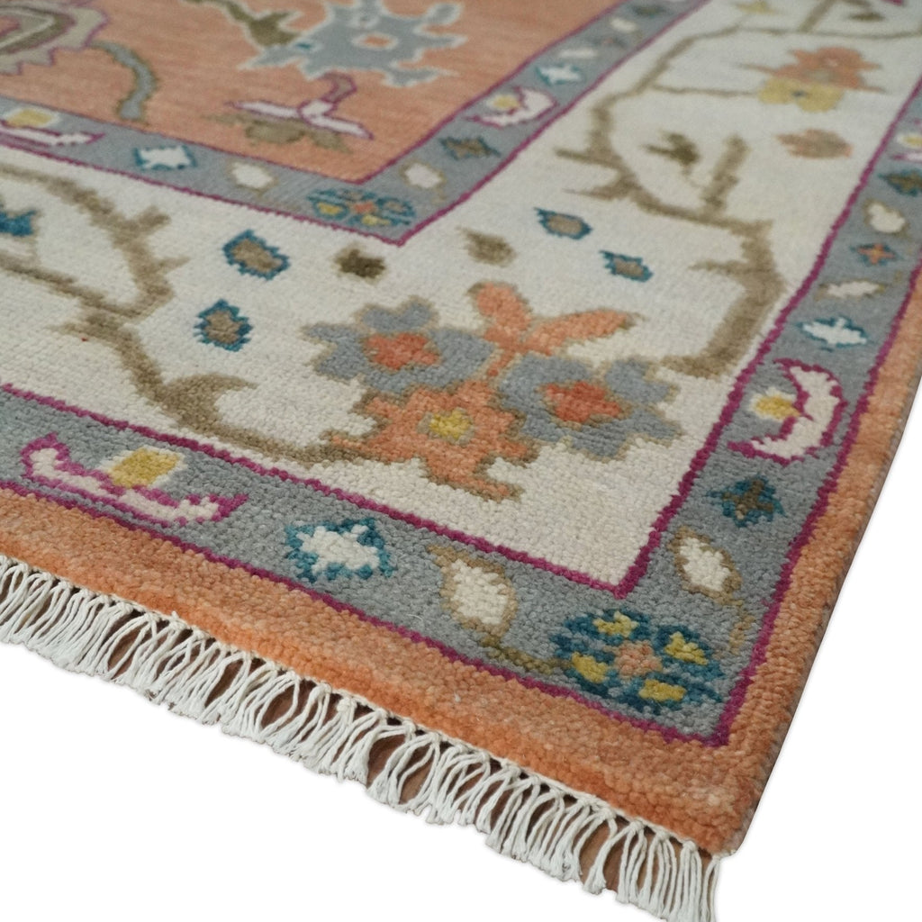Antique Floral Peach and Ivory Hand knotted Traditional Oushak 8x10 wool Area Rug