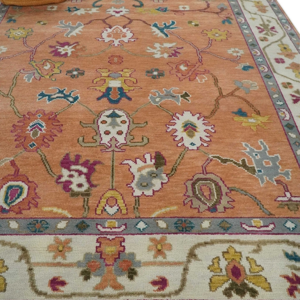Antique Floral Peach and Ivory Hand knotted Traditional Oushak 8x10 wool Area Rug