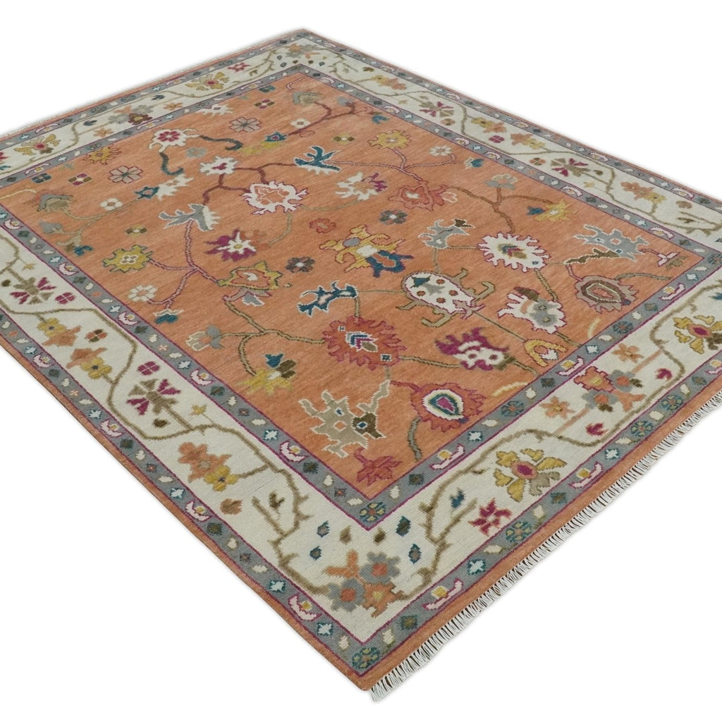 Antique Floral Peach and Ivory Hand knotted Traditional Oushak 8x10 wool Area Rug