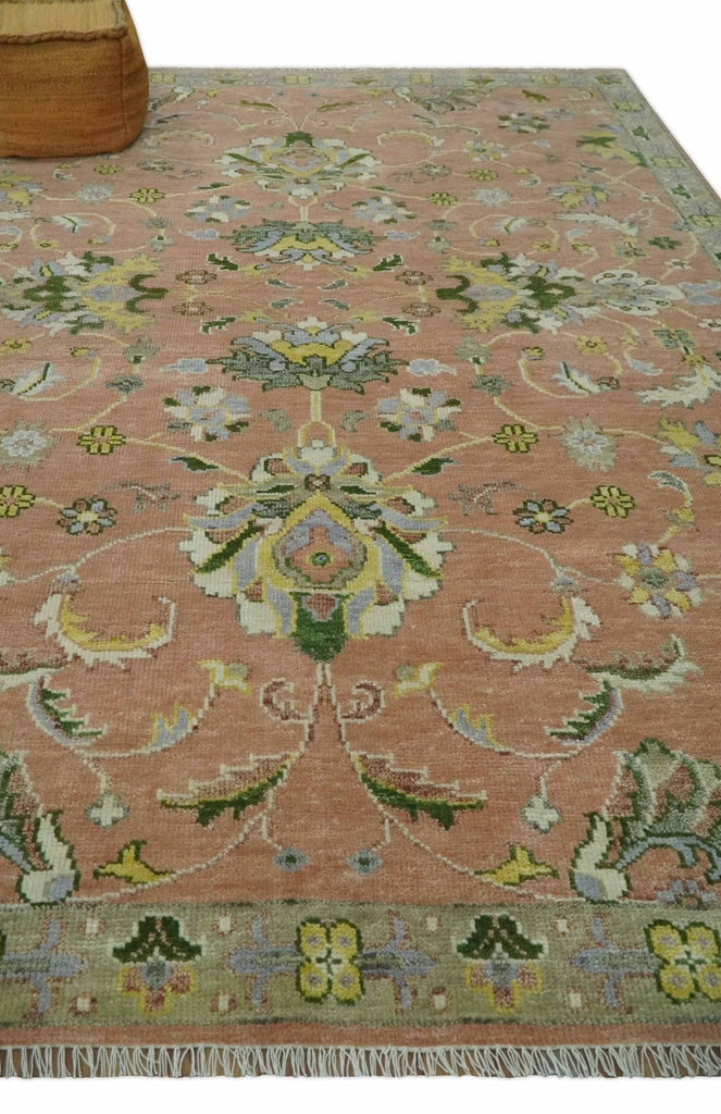 Antique Floral Peach, Green, Mustard and Ivory Hand Knotted 9x12 wool area Rug