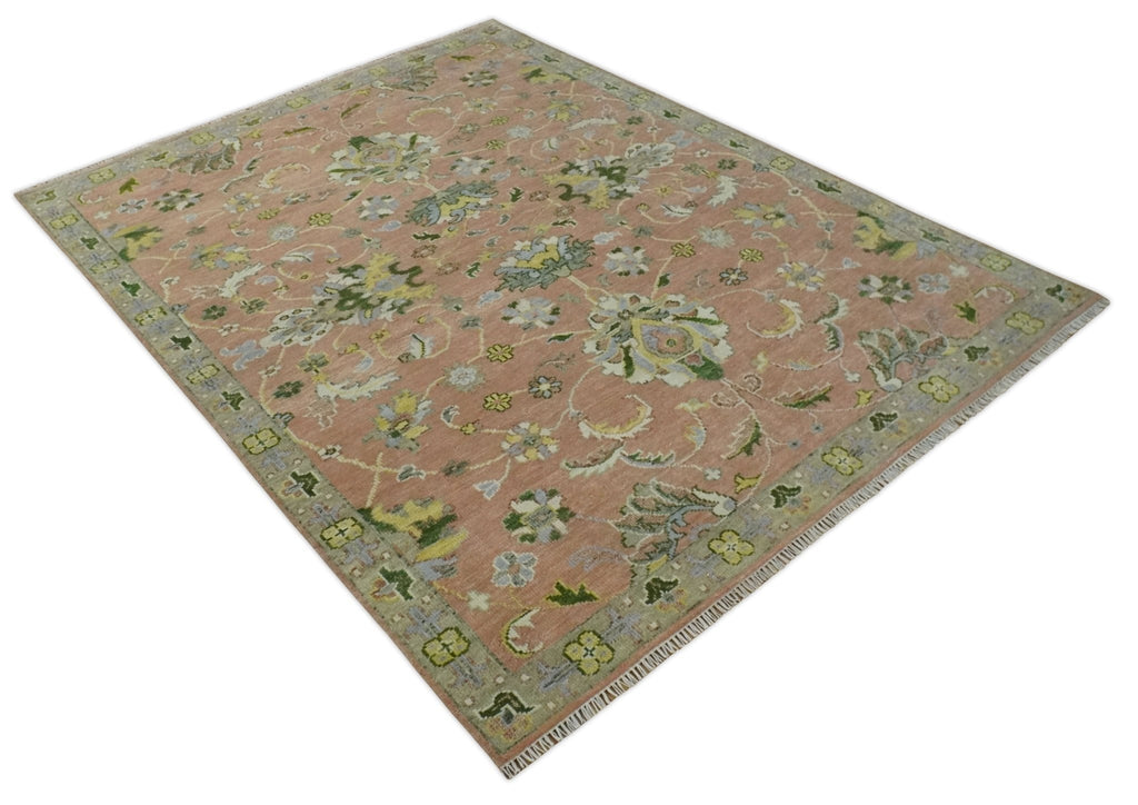 Antique Floral Peach, Green, Mustard and Ivory Hand Knotted 9x12 wool area Rug