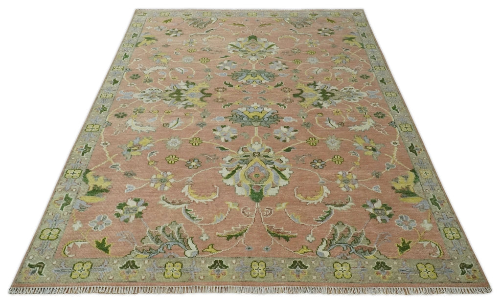 Antique Floral Peach, Green, Mustard and Ivory Hand Knotted 9x12 wool area Rug