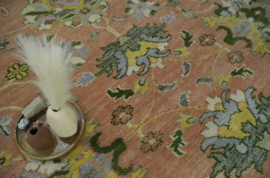 Antique Floral Peach, Green, Mustard and Ivory Hand Knotted 9x12 wool area Rug