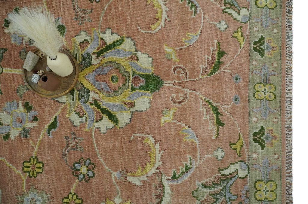 Antique Floral Peach, Green, Mustard and Ivory Hand Knotted 9x12 wool area Rug