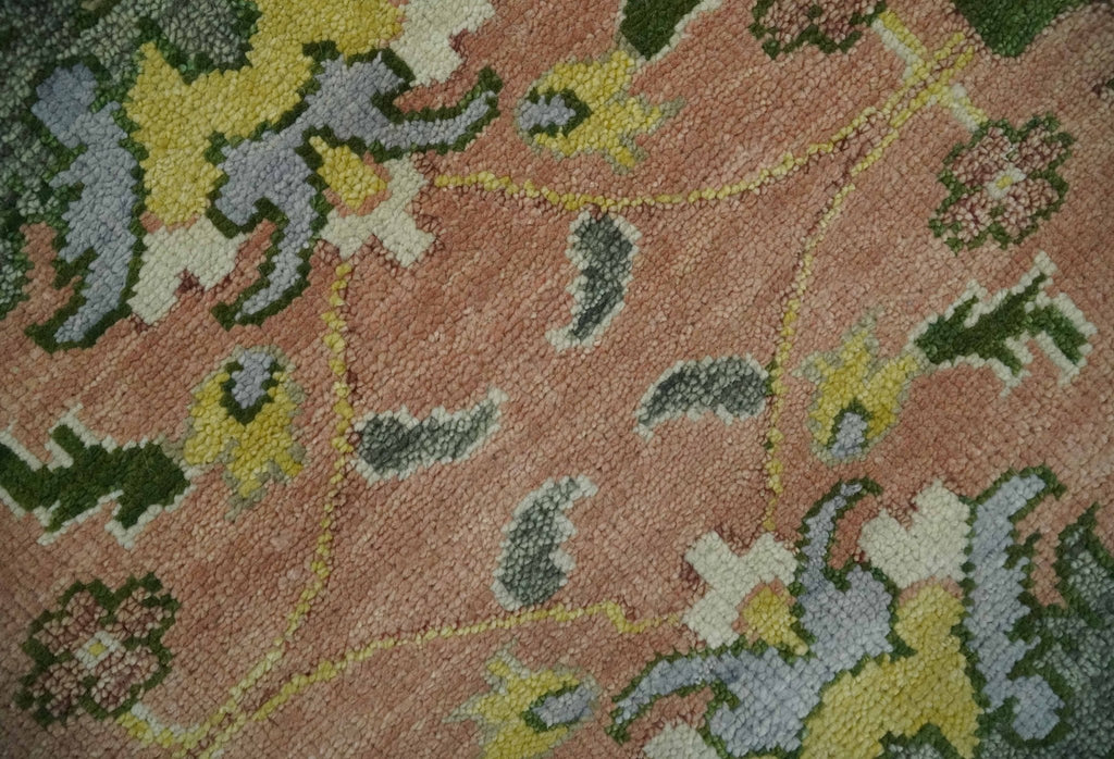 Antique Floral Peach, Green, Mustard and Ivory Hand Knotted 9x12 wool area Rug