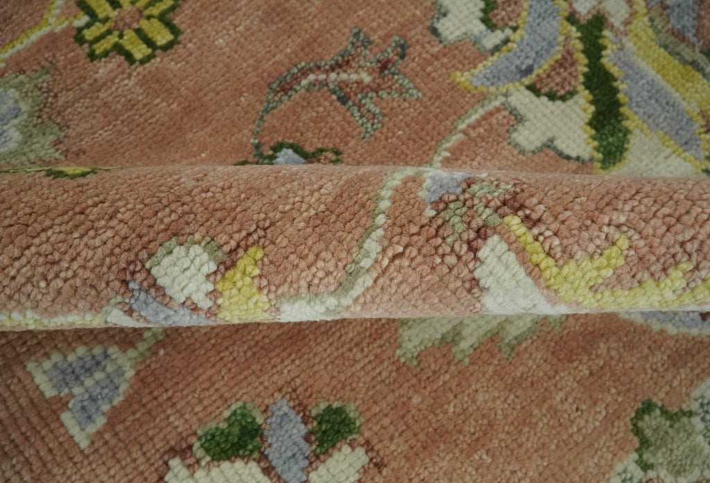 Antique Floral Peach, Green, Mustard and Ivory Hand Knotted 9x12 wool area Rug