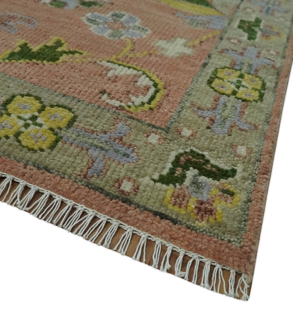 Antique Floral Peach, Green, Mustard and Ivory Hand Knotted 9x12 wool area Rug