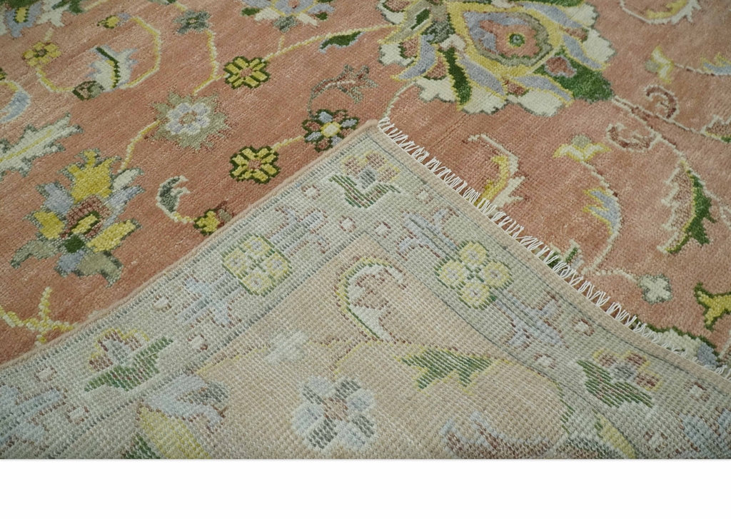 Antique Floral Peach, Green, Mustard and Ivory Hand Knotted 9x12 wool area Rug