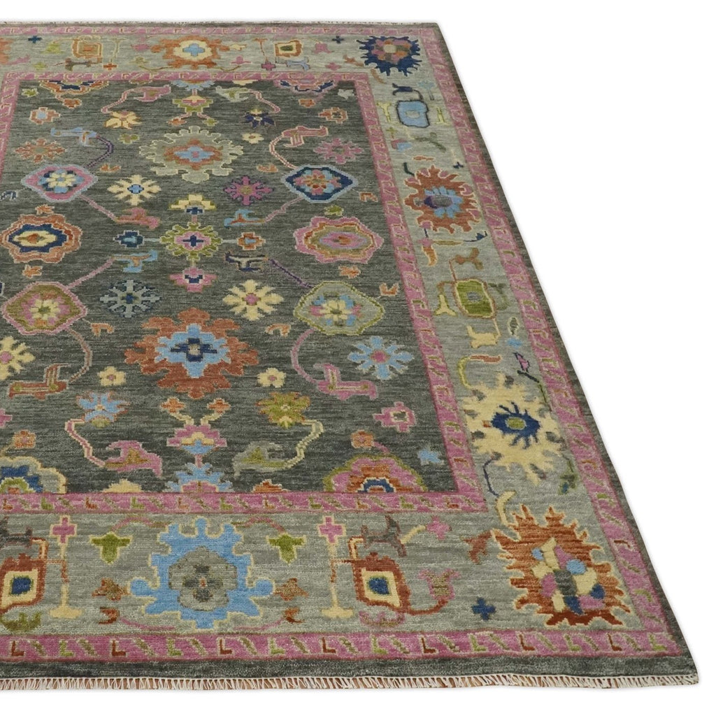 Hand-Knotted Charcoal & Pink Wool Rug, 6 Sizes | TRDCP787