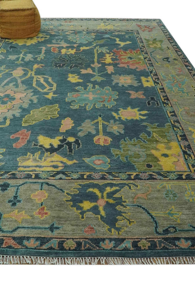 Antique look Teal and Olive 9x12 Hand Knotted Traditional Oushak wool rug