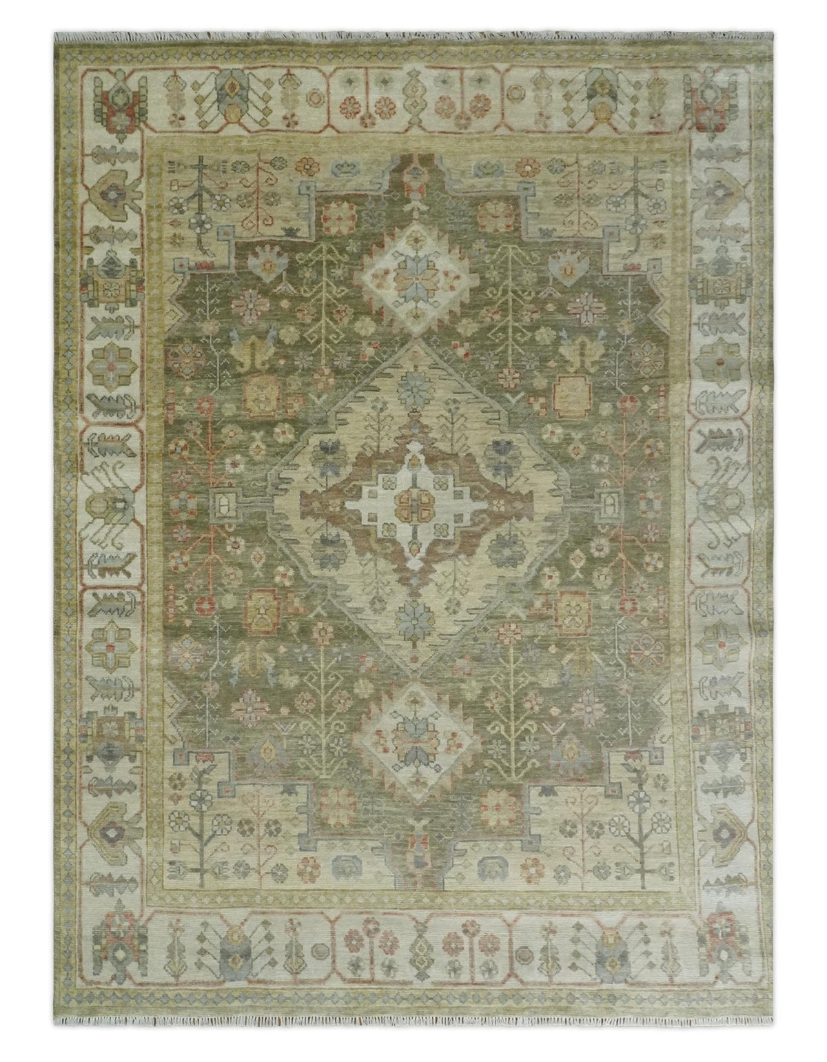 Antique Style Green, Ivory and Beige Hand knotted Heriz Serapi Multi ...