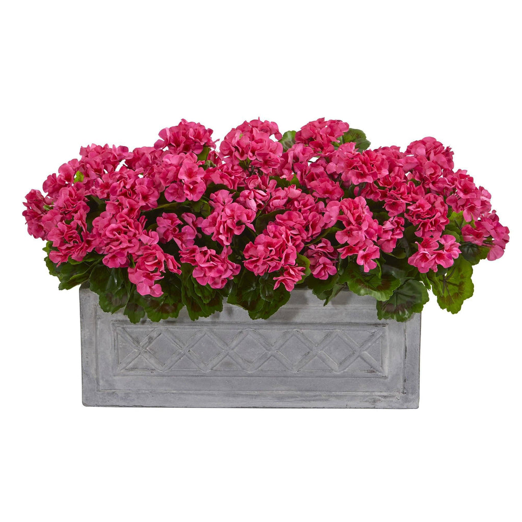indoor uv planter Nearly Natural 18 in. Artificial Geranium Plant in Stone Planter, UV Resistant, Indoor/Outdoor, Red