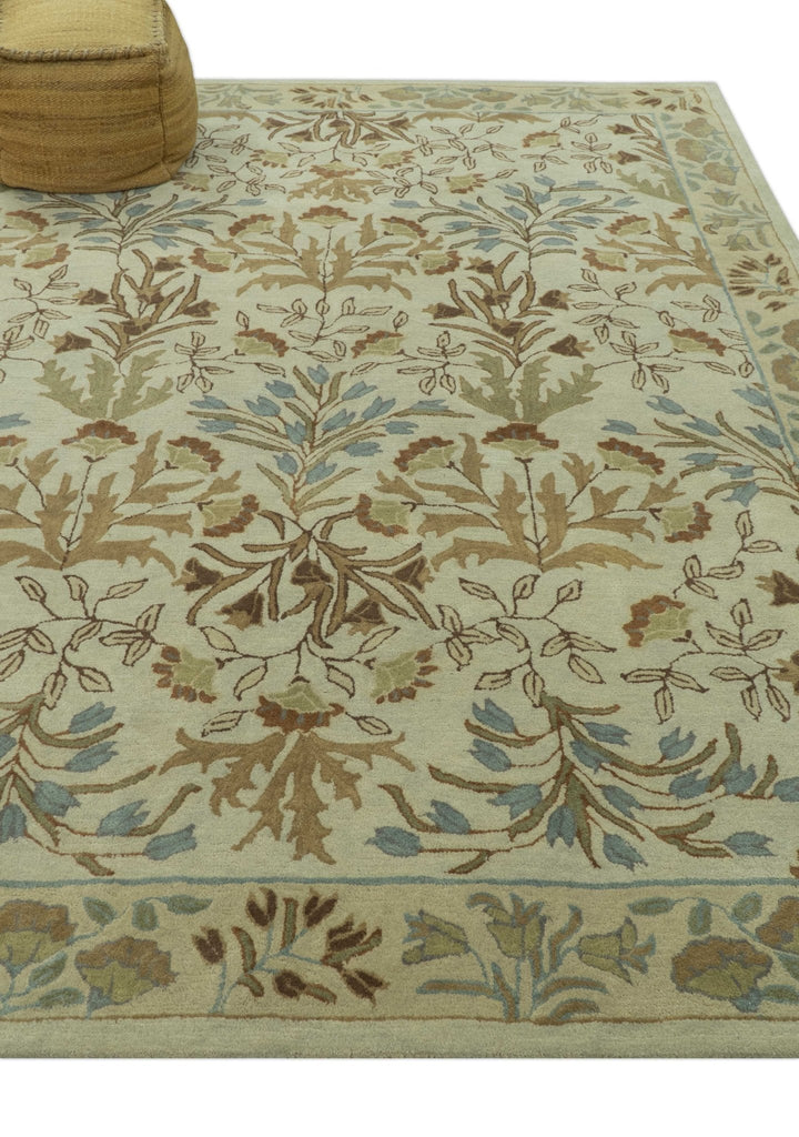 Beige And Brown Traditional Floral Design Hand Tufted 8x10 Wool Area Rug