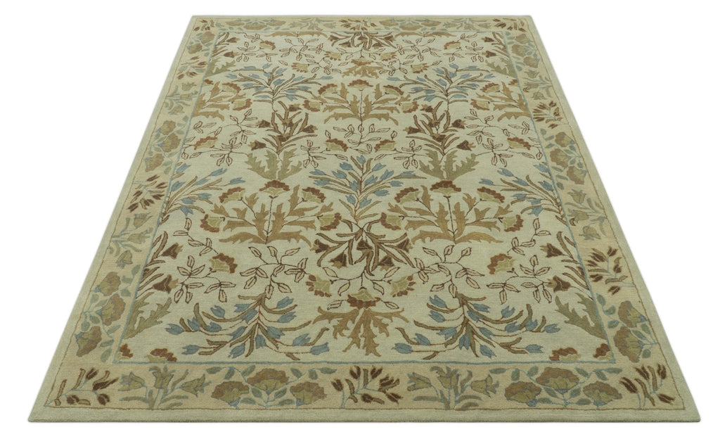 Beige And Brown Traditional Floral Design Hand Tufted 8x10 Wool Area Rug