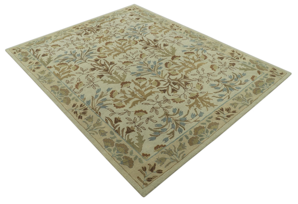 Beige And Brown Traditional Floral Design Hand Tufted 8x10 Wool Area Rug