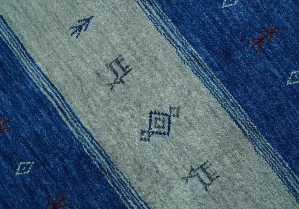 Blue, Gray and Silver Stripes design Hand loom Tribal Gabbeh Traditional 4.6x7 Wool Area Rug