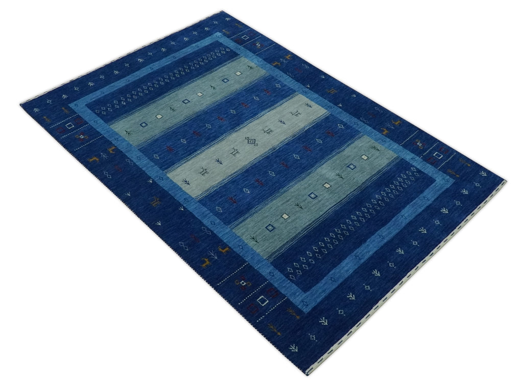 Blue, Gray and Silver Stripes design Hand loom Tribal Gabbeh Traditional 4.6x7 Wool Area Rug