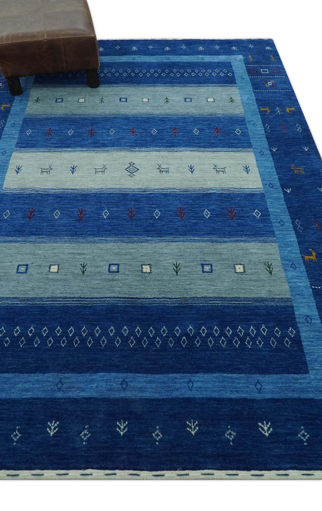 Blue, Gray and Silver Stripes design Hand loom Tribal Gabbeh Traditional 4.6x7 Wool Area Rug