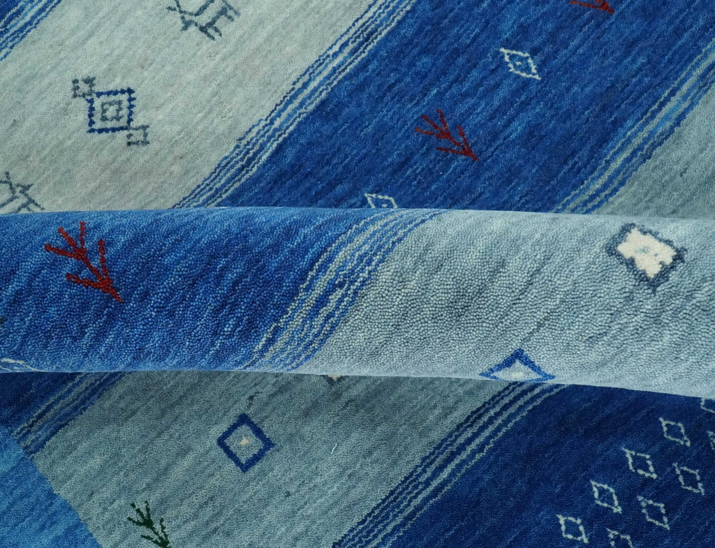 Blue, Gray and Silver Stripes design Hand loom Tribal Gabbeh Traditional 4.6x7 Wool Area Rug
