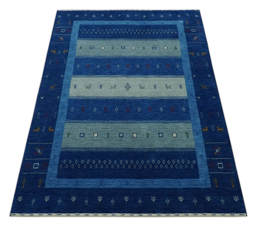 Blue, Gray and Silver Stripes design Hand loom Tribal Gabbeh Traditional 4.6x7 Wool Area Rug