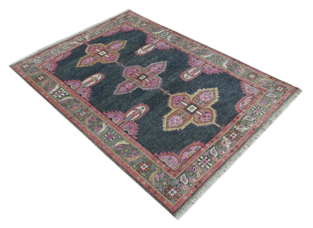 Charcoal, Gray and Pink Traditional Hand Knotted 5x8 and 6x9 Wool Area Rug