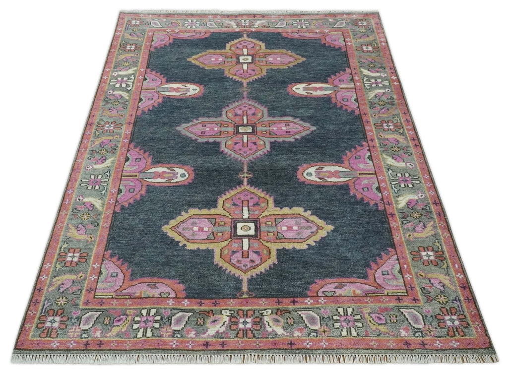 Charcoal, Gray and Pink Traditional Hand Knotted 5x8 and 6x9 Wool Area Rug