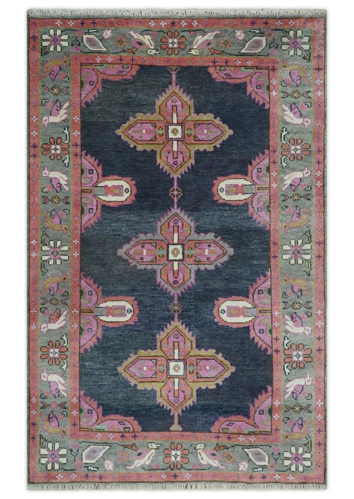 Charcoal, Gray and Pink Traditional Hand Knotted 5x8 and 6x9 Wool Area Rug