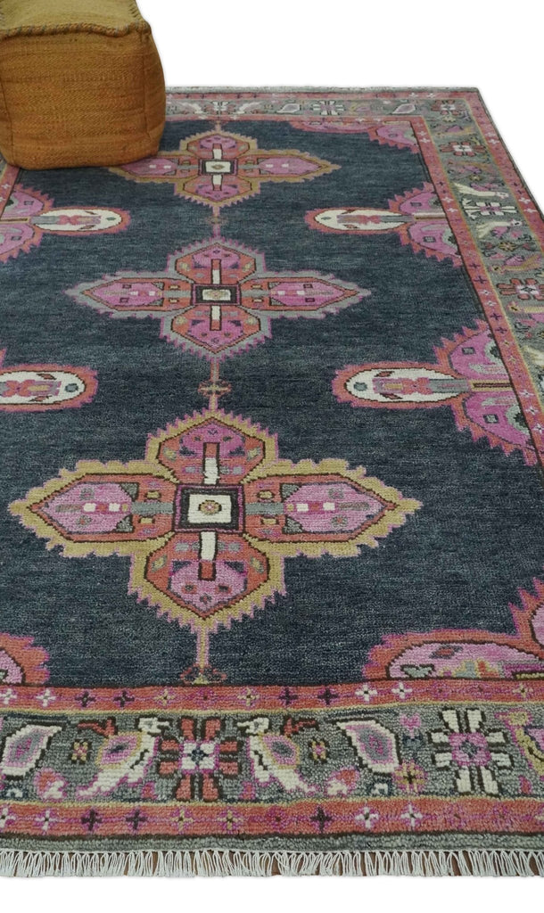 Charcoal, Gray and Pink Traditional Hand Knotted 5x8 and 6x9 Wool Area Rug